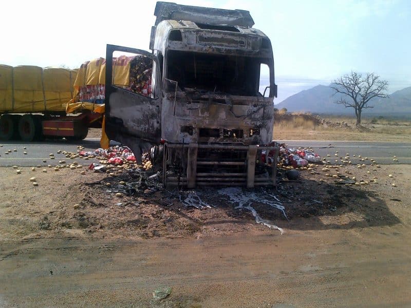 Truck torched as violence erupts again in Vuwani limpopo truck torched