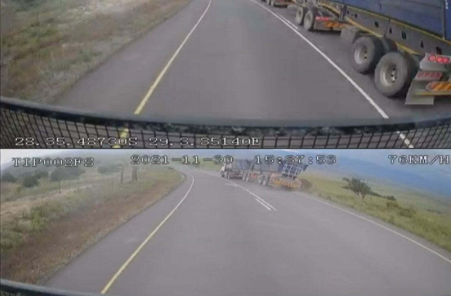 Overtaking side tipper truck caught crashing on dashcam