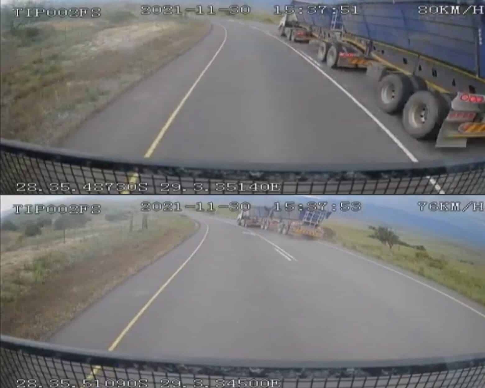 Overtaking side tipper truck caught crashing on dashcam