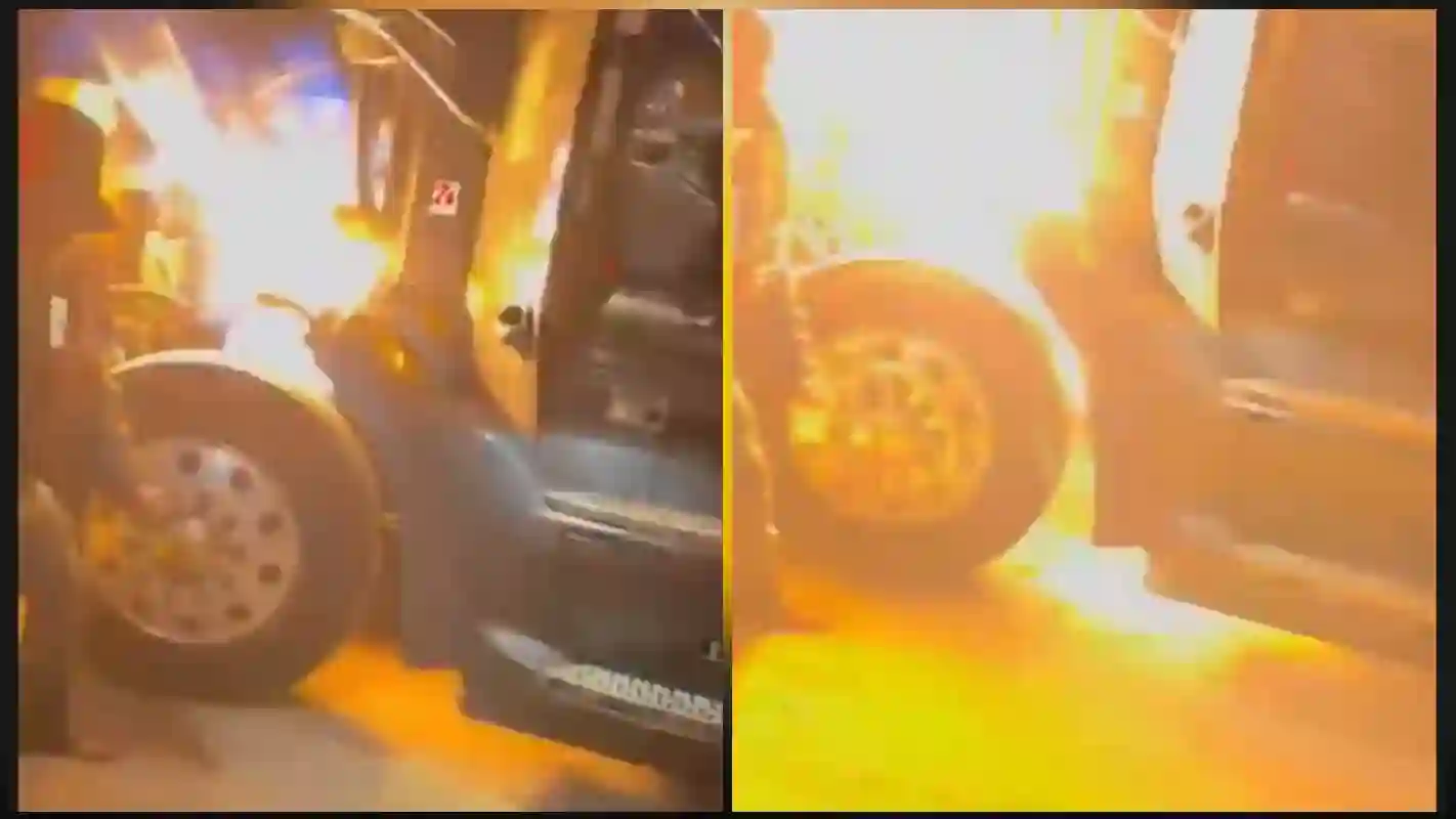Watch: Angry trucker sets rig on fire after alleging it cut him