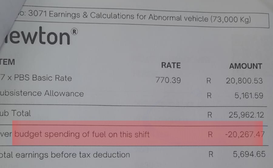 Driver fuming after company charges him over R20 000 for high diesel consumption