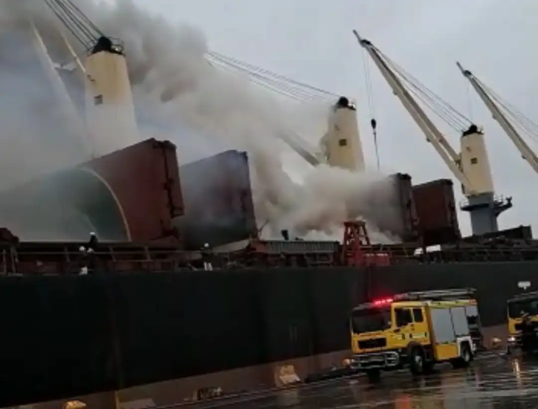 Watch: Cargo Vessel catches fire at Durban harbour