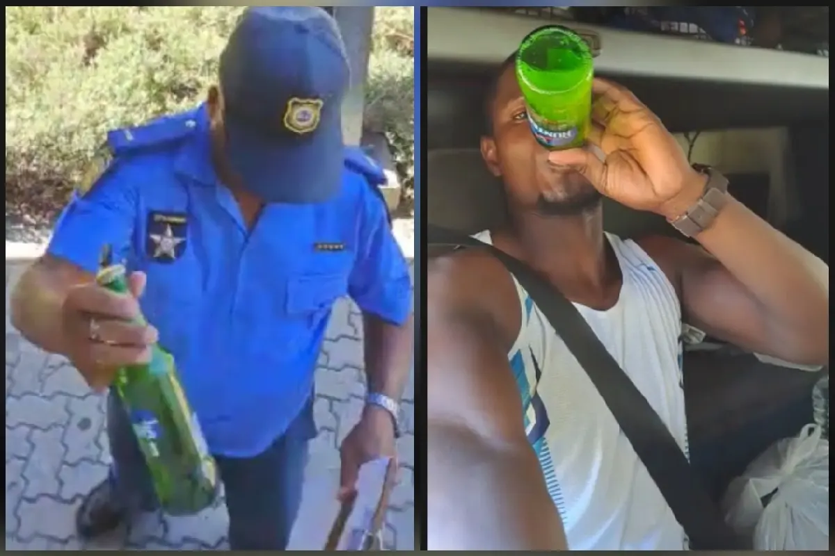truck driver drinking whilst driving in front of traffic cop
