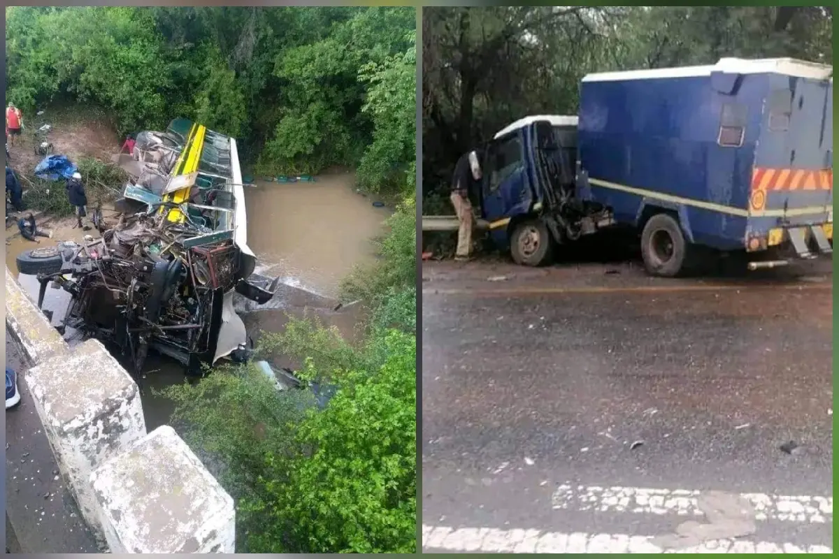 Pics: Twenty killed as bus collides with cash van, rolls off bridge into river in Limpopo