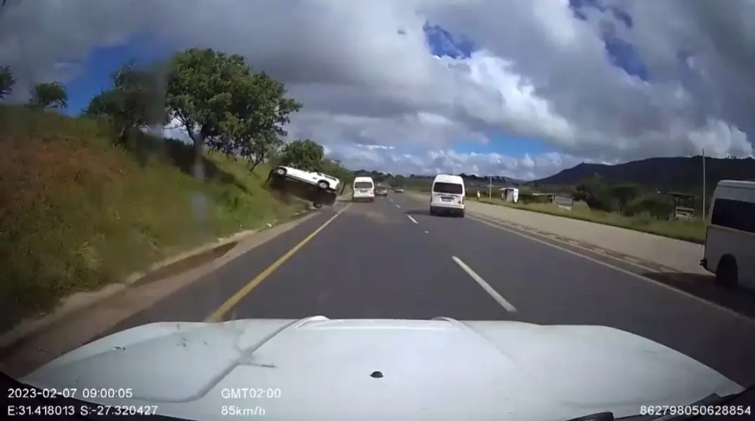 Watch: Bakkie rolls after being hit by a taxi in N2 crash near Pongola